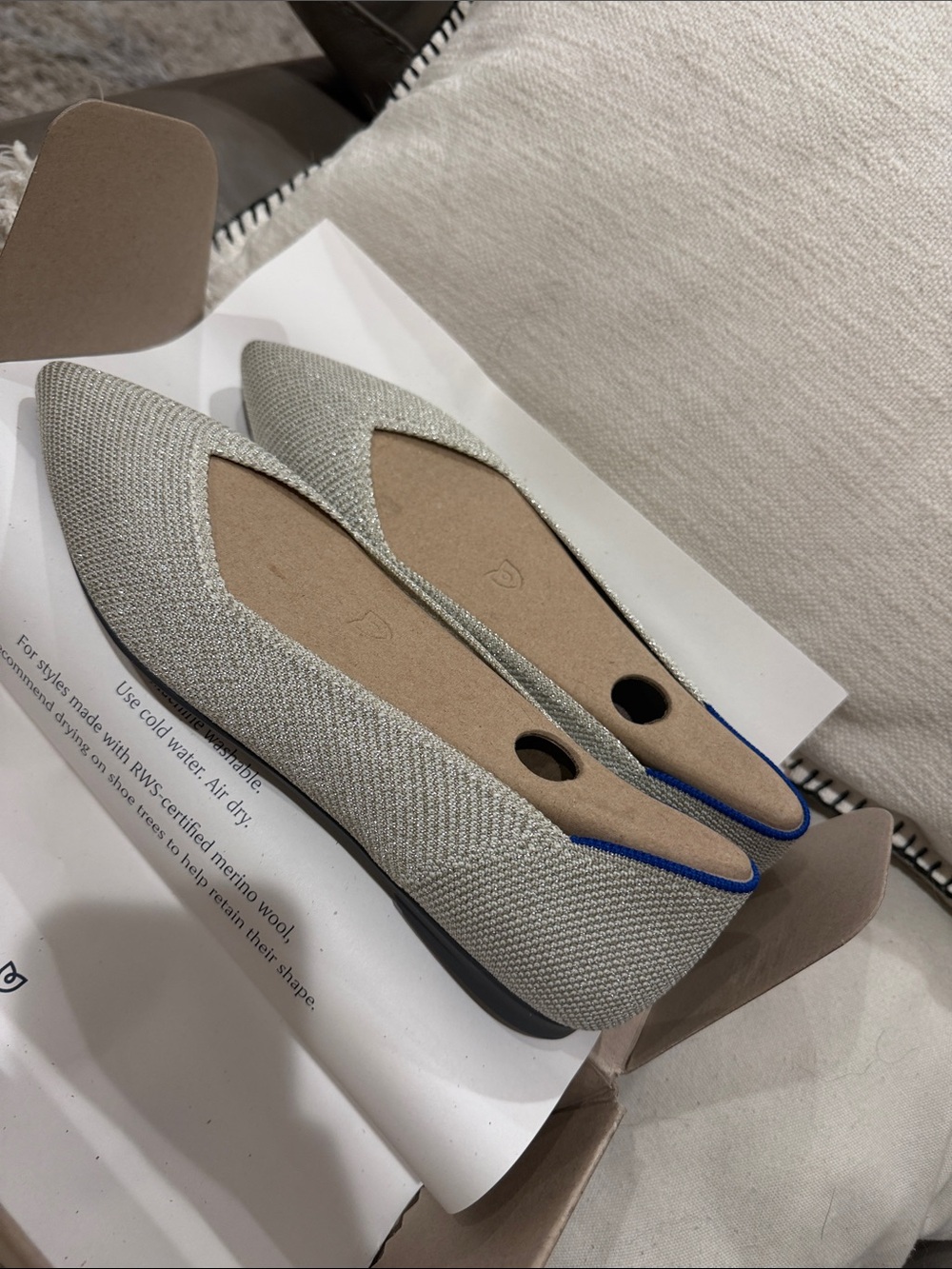 Rothy's Pointed Toe Knit Flats in Light Gray with Blue Trim